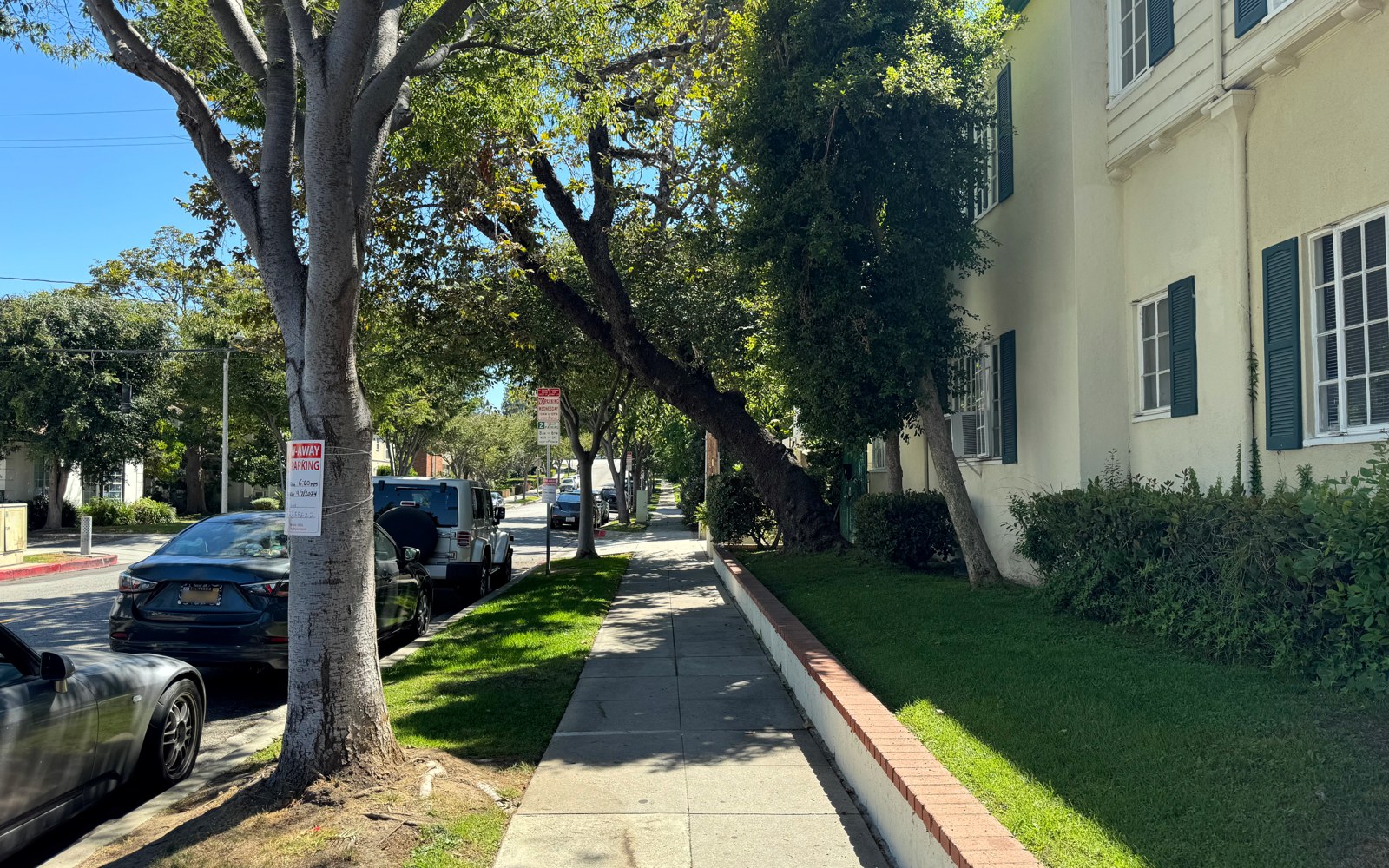 Tree-lined residential sidewalk in Los Angeles County, California